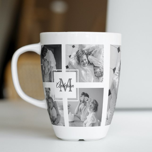 Tasse Latte Photo Famille Collage tendance Noir & Blanc Initia (Créateur téléchargé)