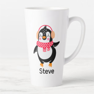 Tasse Latte Pingouin de Noël Jolly en écharpe avec des bouffée