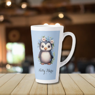 Tasse Latte Pingouins mignons Bleu Nom et initiales personnali