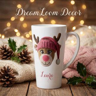 Tasse Latte Pink Christmas Reindeer Custom Name