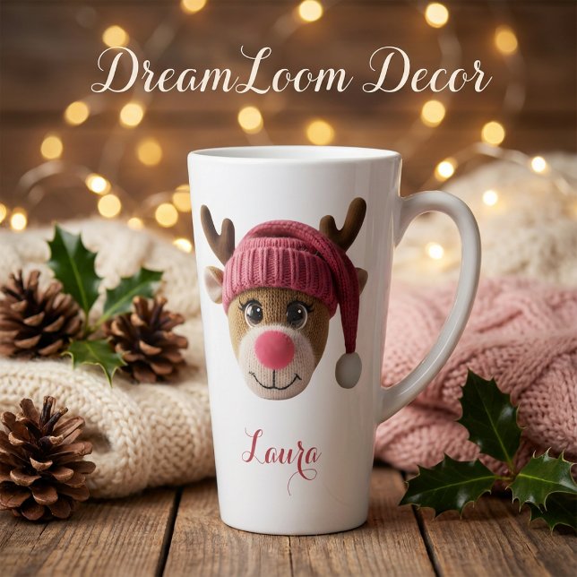 Tasse Latte Pink Christmas Reindeer Custom Name (Créateur téléchargé)