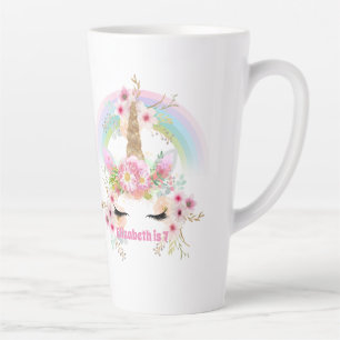 Tasse Latte Pink Gold UNICORN Fleurs arc-en-ciel Filles NOMMÉE