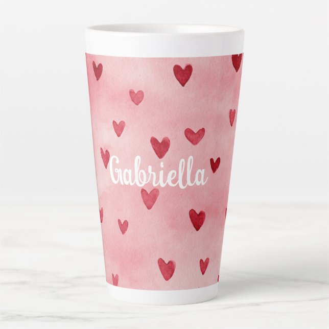 Tasse Latte Pink Red Hearts Name (Devant)
