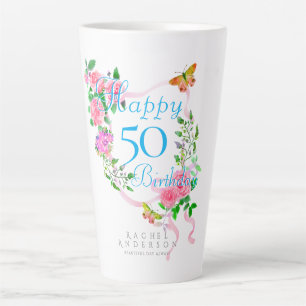 Tasse Latte Pink Rose Ribbon Anniversaire