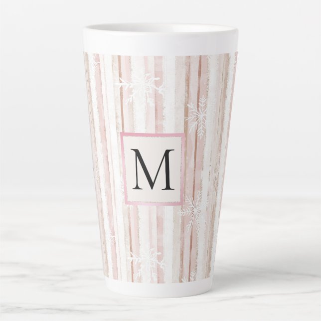 Tasse Latte Pink White Snowflakes Stripes Monogram (Devant)