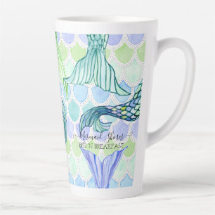 Tasse Latte Plage Cute Mermaid Tail Blue Scales Personnalisée