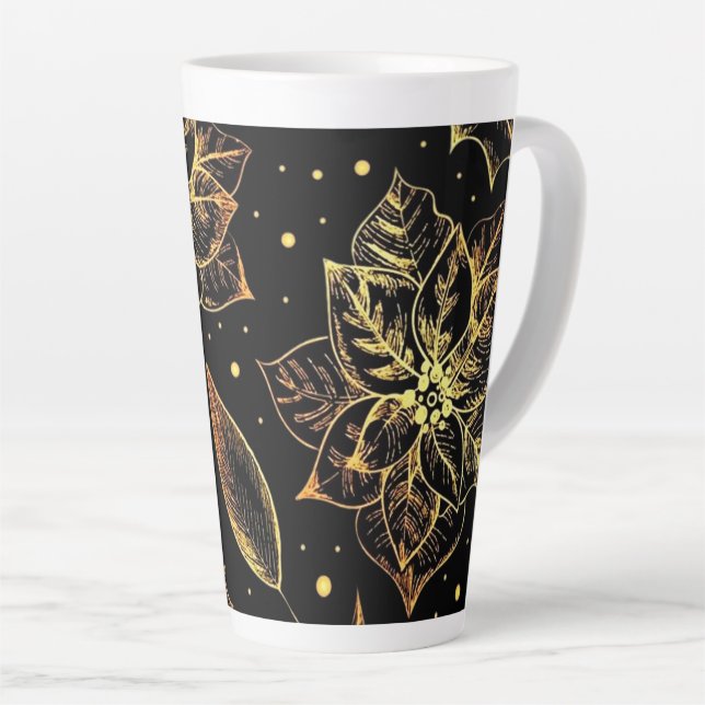 Tasse Latte Poinsettias Noir & Or & Holly (Angle droit)
