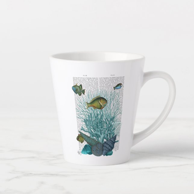 Tasse Latte Poissons, coquillages bleus et coraux (Droite)