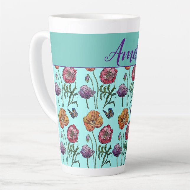 Tasse Latte Poppies de pavot Red Shabby Chic Aqua Floral Fleur (Angle gauche)