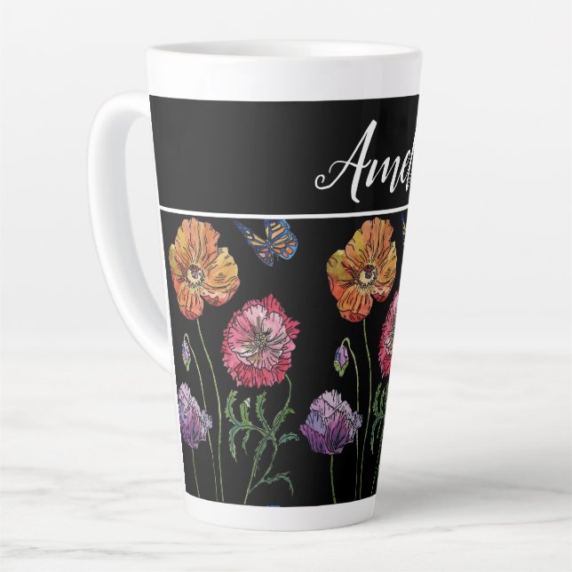 Tasse Latte Poppies de pavot Red Shabby Chic Black Floral Fleu (Angle gauche)