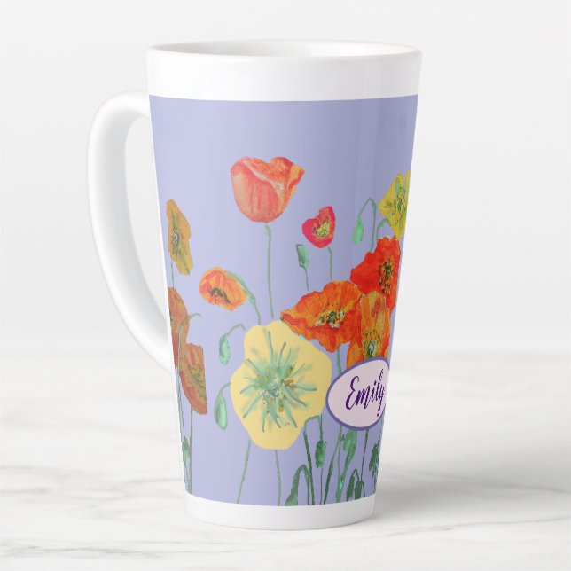 Tasse Latte Poppies orange Fleurs florales Pastel violet Lilac (Angle gauche)