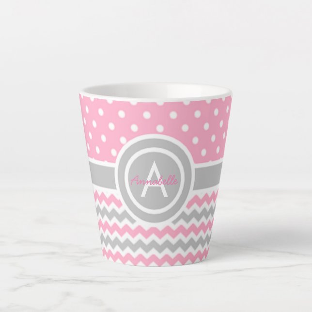 Tasse Latte Pot rose Gris Poka Chevron (Devant)