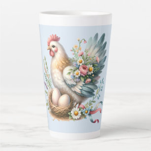 Tasse Latte Poule florale avec charme vintage de ferme