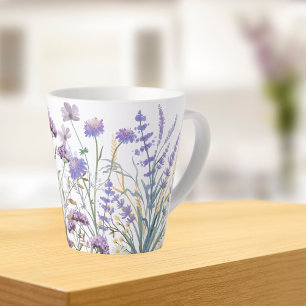Tasse Latte Prairie de fleurs sauvages violettes à l'aquarelle