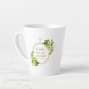 Tasse Latte Première Communion Fleurs Lys Croix Dorée Géométri