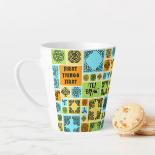 Tasse Latte Premières Choses Première Pause Thé! Drôle Orange