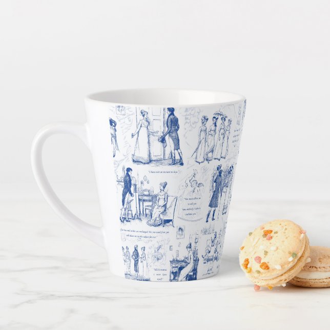 Tasse Latte Pride and Prejudice Blue Toile Quotes (En situation)