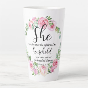 Tasse Latte Proverbes 31:27 Écriture de la Fête des Mères Pink