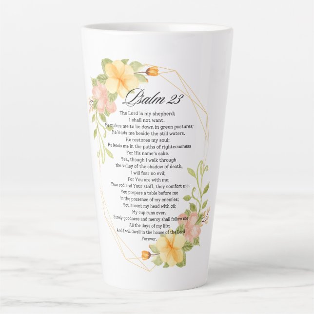 Tasse Latte Psaume 23 Écriture Bible Cadre Floral Jaune (Devant)