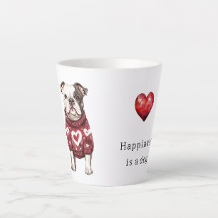 Tasse Latte Pull rouge Cœurs blancs Le bonheur est un chien