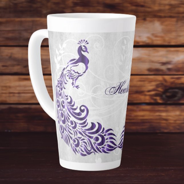 Tasse Latte Purple Peacock Bouge Latte Personnalisée (Purple Peacock Personalized Latte Mug)