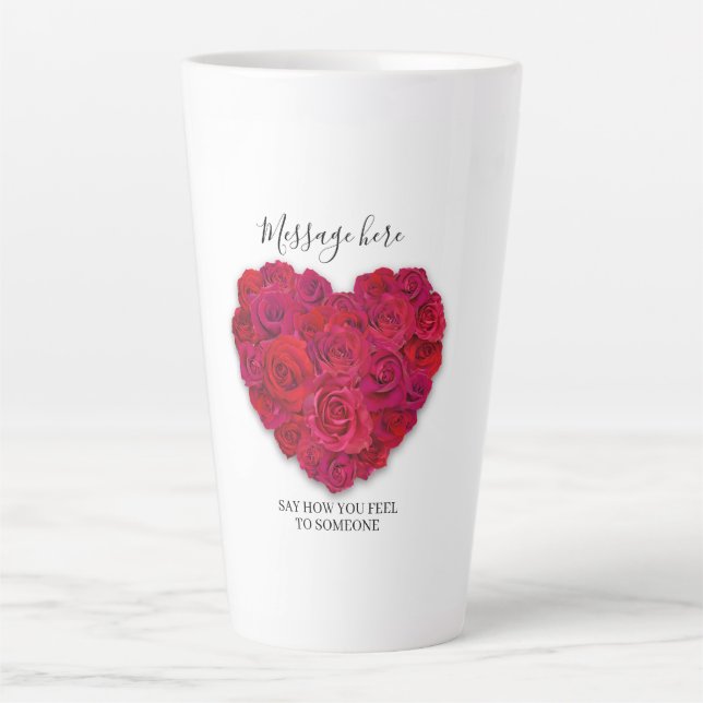 Tasse Latte Red Rose Heart Romantic Floral Custom Text (Devant)