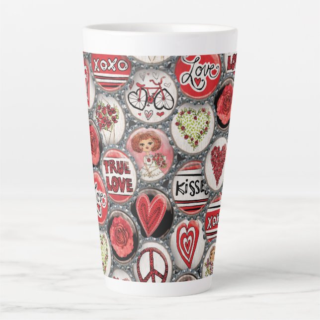 Tasse Latte Retro Red Floral Hearts Fille Rose Saint Valentin (Devant)