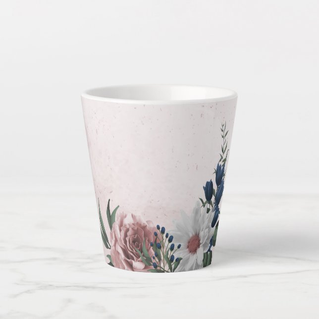 Tasse Latte Romantique rose blanc marine fleurs verdure (Devant)
