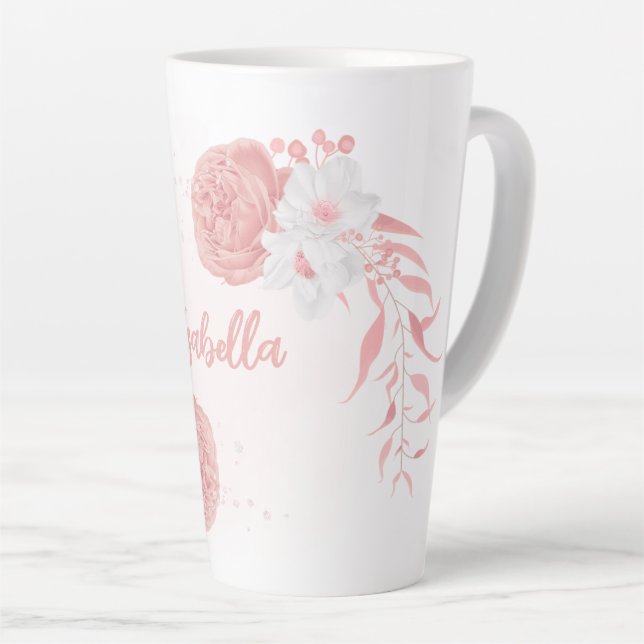 Tasse Latte romantique rose et fleurs blanches (Angle droit)
