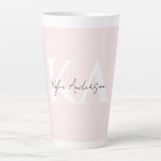 Tasse Latte Rose Blush moderne Nom du monogramme personnalisé  (Devant)