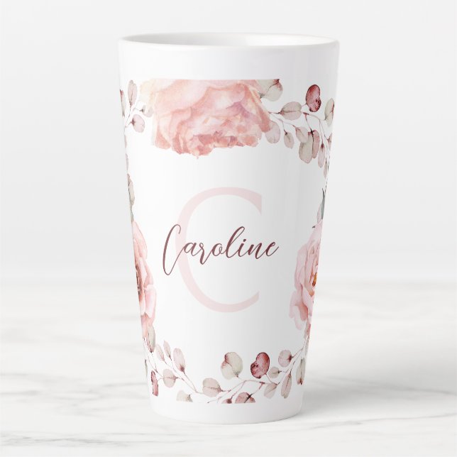 Tasse Latte Rose d'aquarelle Wreath personnalisée | BLANCHE (Devant)