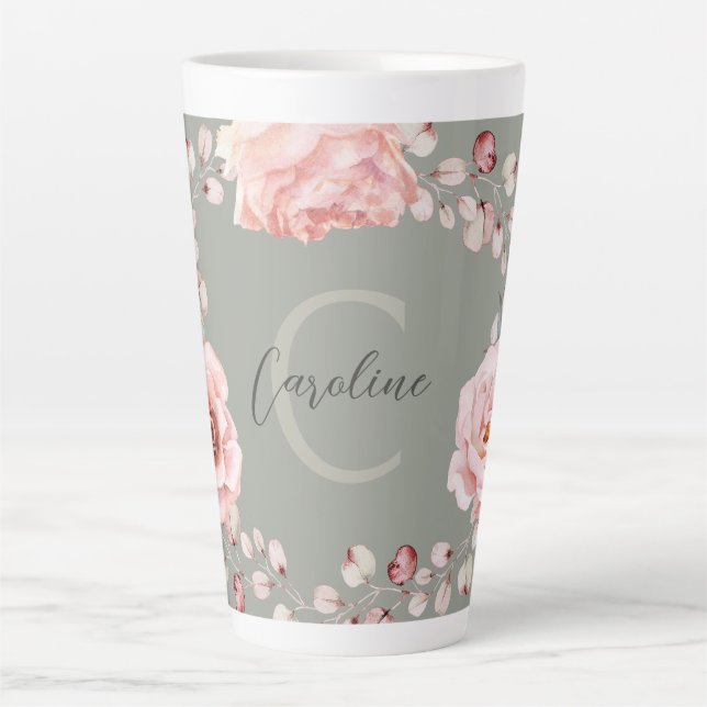 Tasse Latte Rose d'aquarelle Wreath personnalisée | Vert sage (Devant)