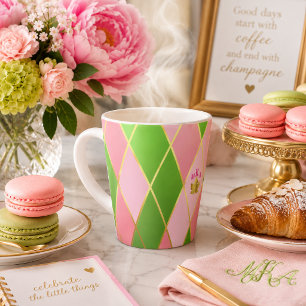 Tasse Latte Rose et vert élégants Monogrammé Argyle