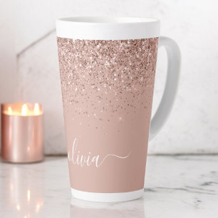 Tasse Latte Rose Gold Blush Rose Pailleté Monogramme Féminin