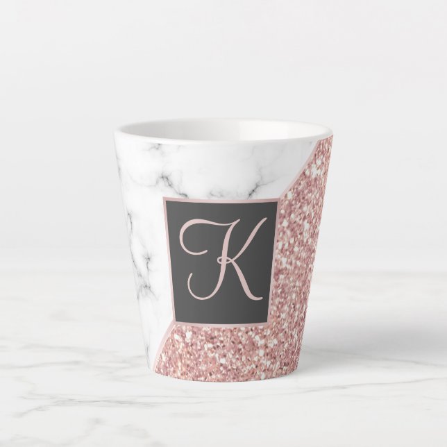Tasse Latte Rose Gold Faux Parties scintillant Marbre Monogram (Devant)