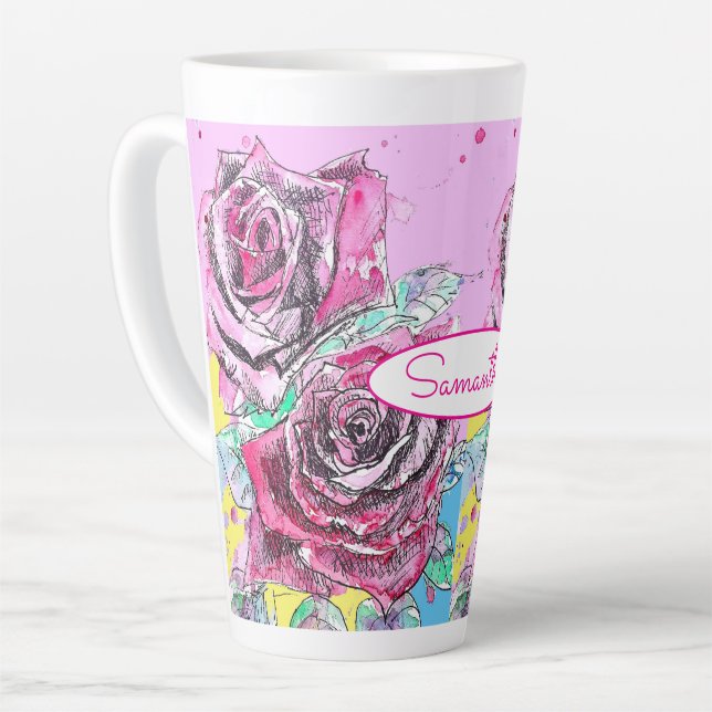 Tasse Latte Rose rouge Aquarelle couleur rose coloré Art (Angle gauche)