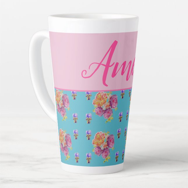 Tasse Latte Rose rouge Shabby Chic Aqua Turquoise Floral Flowe (Angle gauche)