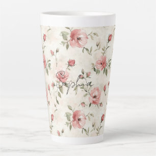 Tasse Latte Roses Fleurales Rose Pâle Ivoire  