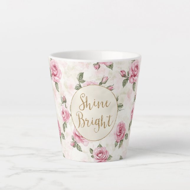 Tasse Latte Roses roses rose Parties scintillant or florale br (Devant)