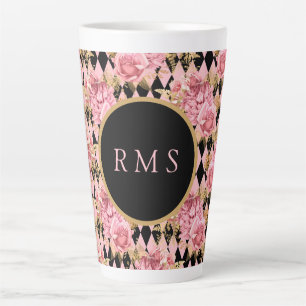 Tasse Latte Roses roses sur le Monogramme arlequin