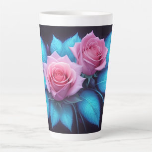 Tasse Latte Roses roses vibrants et feuilles bleues radieuses