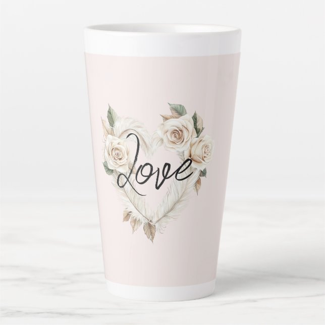 Tasse Latte Roses Rouge Romantique Plumes Cœur Amour (Devant)