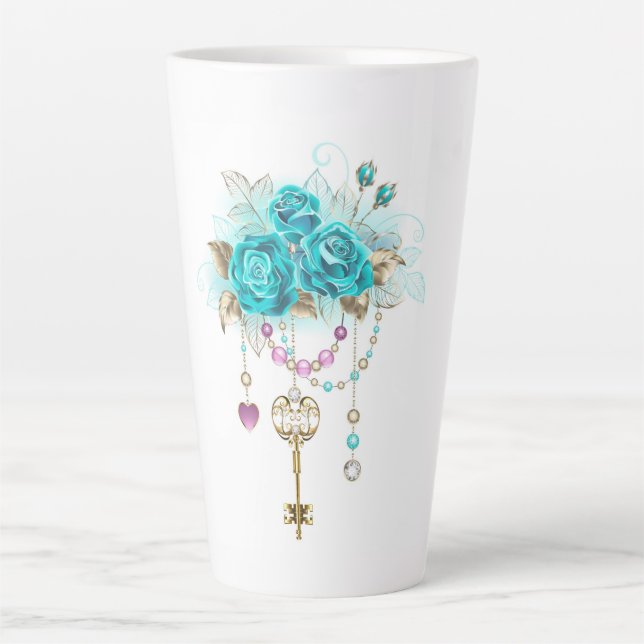 Tasse Latte Roses turquoise avec touches (Devant)