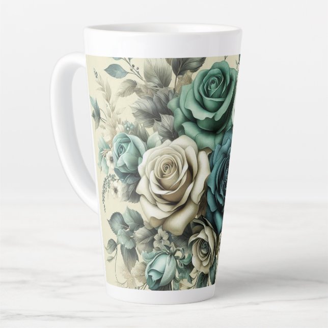 Tasse Latte Roses turquoises et blanches (Angle gauche)