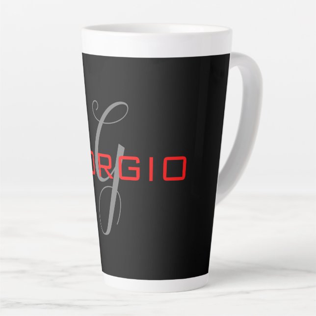 Tasse Latte Rouge noir Votre nom Monogramme initial Moderne (Angle droit)