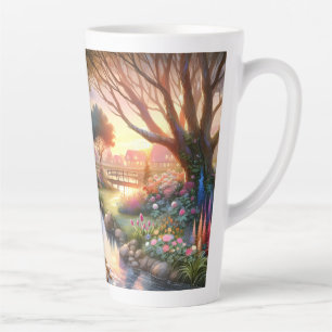 Tasse Latte Ruisseau de jardin de cottage au coucher du soleil