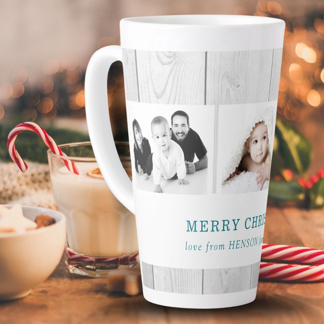Tasse Latte Rustic Wood 3 Family Photo Collage Noël (Créateur téléchargé)