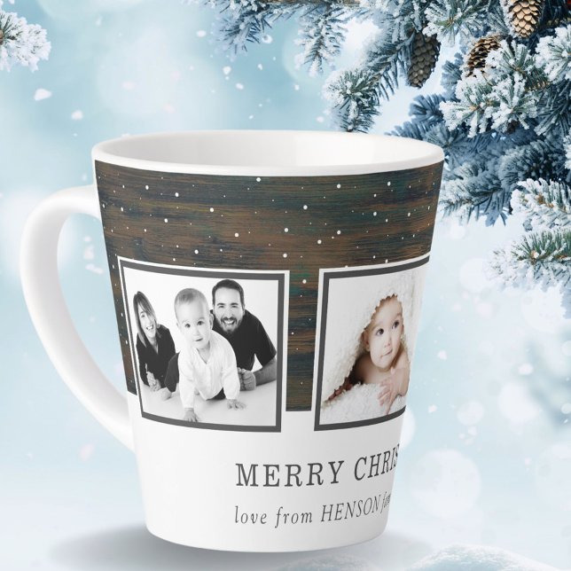 Tasse Latte Rustic Wood Red Family 3 Photo Collage Holiday (Créateur téléchargé)