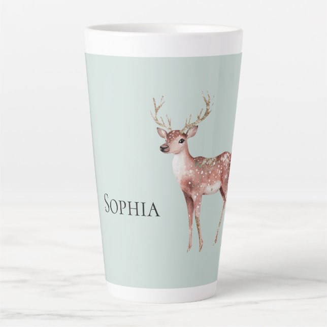 Tasse Latte Sage Green Christmas Deer Personnalisé (Devant)