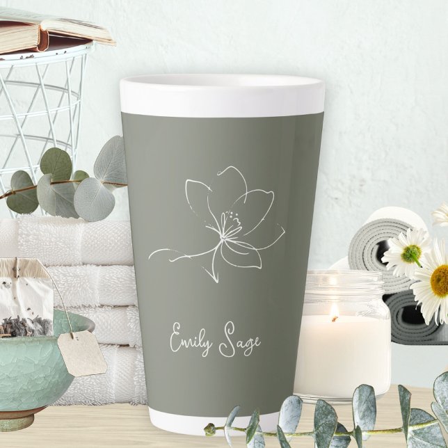 Tasse Latte Sage Green Ivory Floral Line Art Minimalist Zen (Minimalist Floral Line Art Zen Ivory Sage Green Latte Mug ©Susanne Sachers - Sunny Wanderlust 🌞✈️)